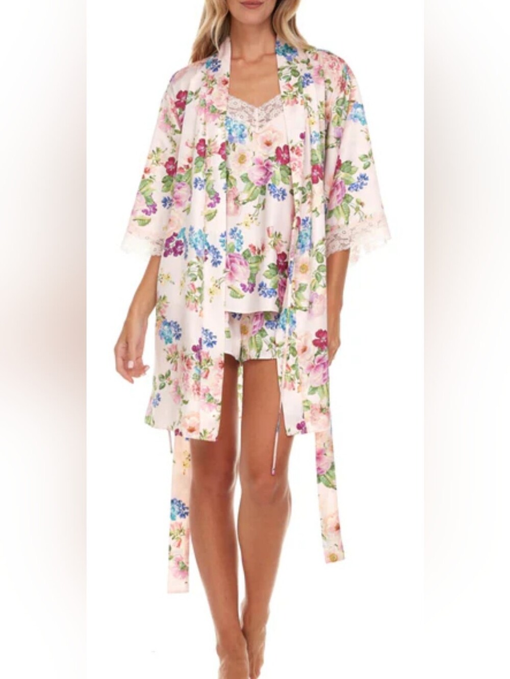 Flora Nikrooz Sabrina Floral Print Satin Short Pajamas & Robe Set